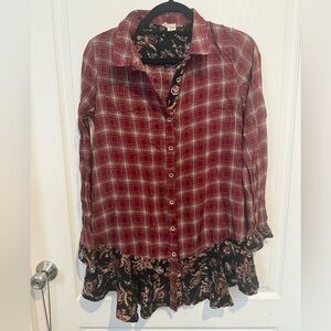 Hem & Thread Burgundy Plaid Shirt with Floral Detail